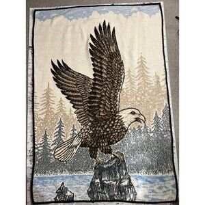 Vintage San Marcos Blanket Bald Eagle Perched Wings Reversible Brown 55x78